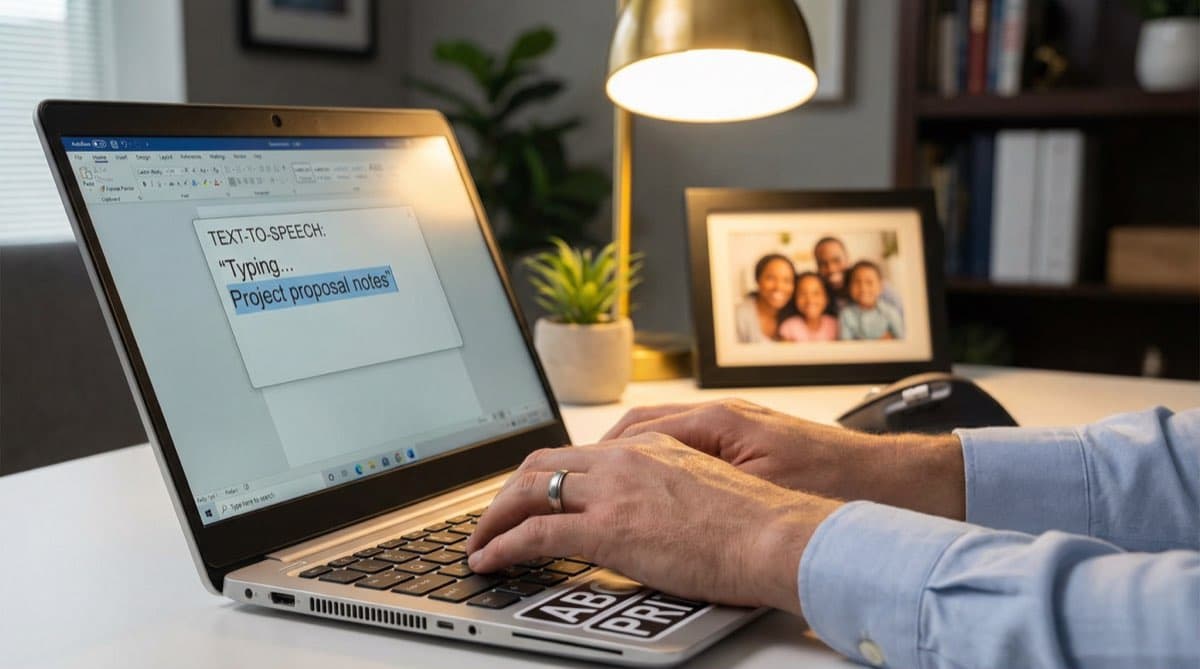 Person using assistive keyboard technology with specialized input devices
