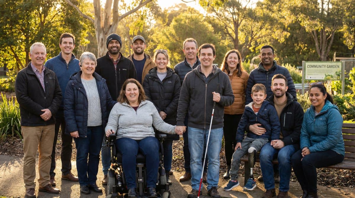 Large diverse community group with various disabilities gathered together outdoors