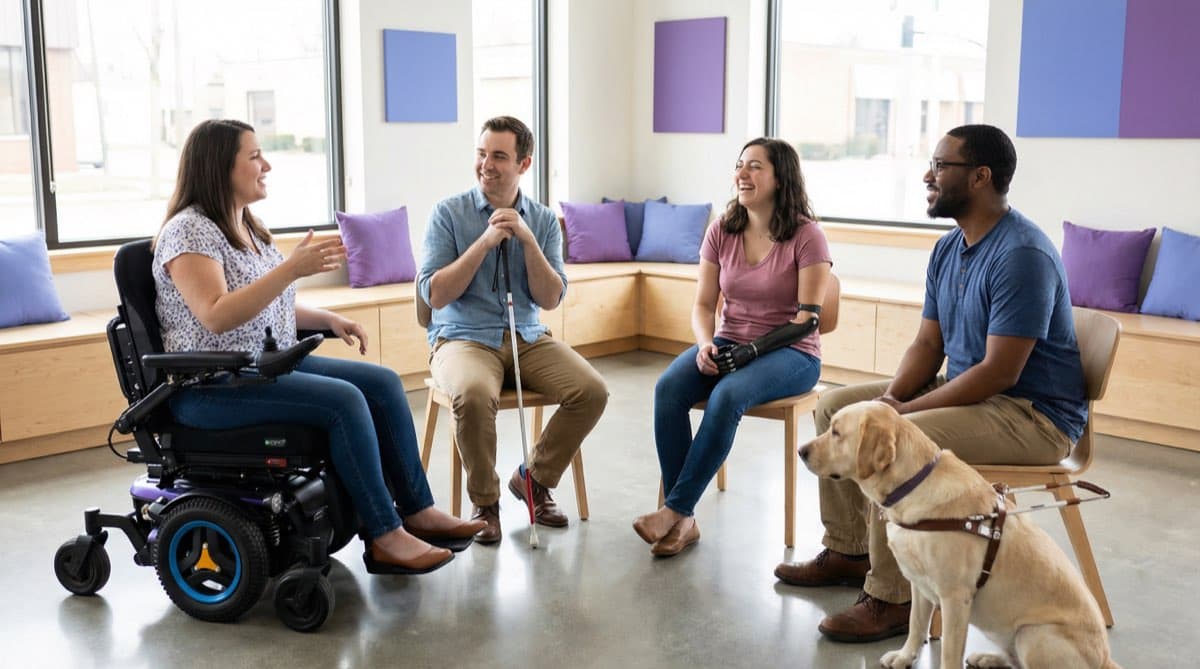 Diverse group of people with disabilities engaged in supportive conversation in modern accessible space