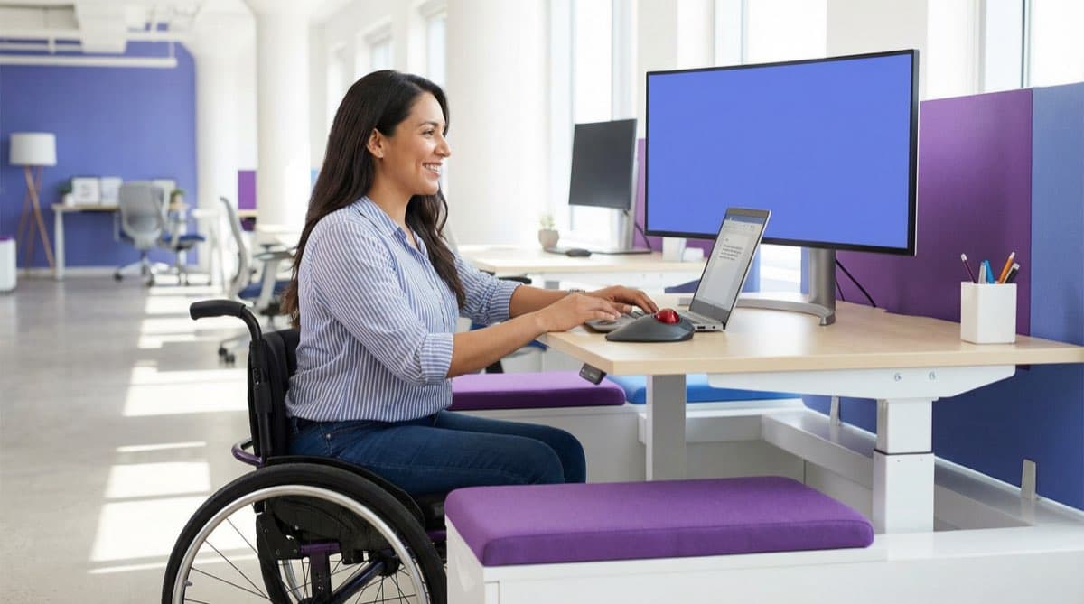 Professional with disability working confidently at modern accessible workspace with laptop and assistive technology