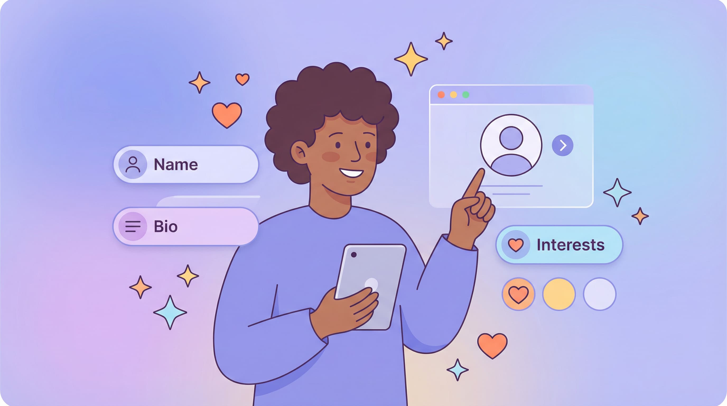 Illustration of people customizing their dating profiles with joy and excitement